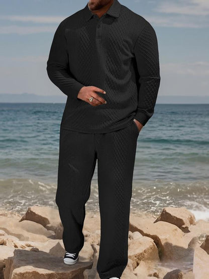 KZZ Men's Textured Long Sleeve Polo Shirt & Drawstring Pants Set
