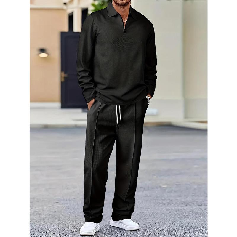 KZZ Men's solid color checkered casual suit, including long sleeved collar shirt and drawstring pants