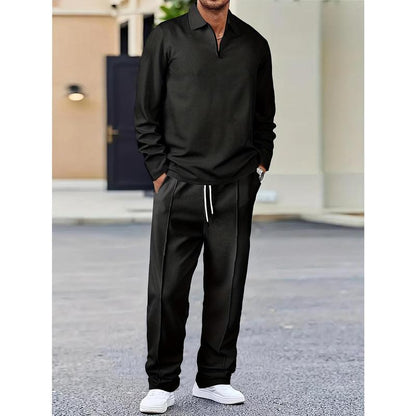 KZZ Men's solid color checkered casual suit, including long sleeved collar shirt and drawstring pants