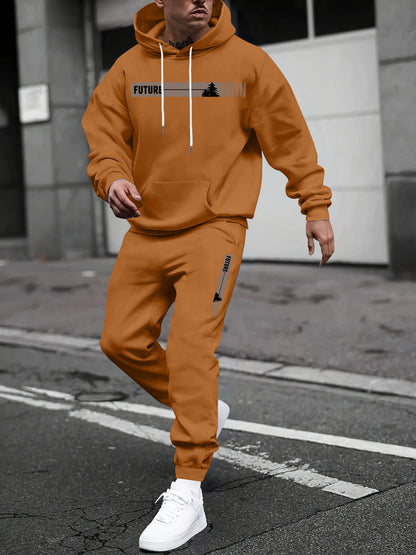 KZZ Two-piece Set Men's Tree Graphic Hoodie & Drawstring Waist Sweatpants