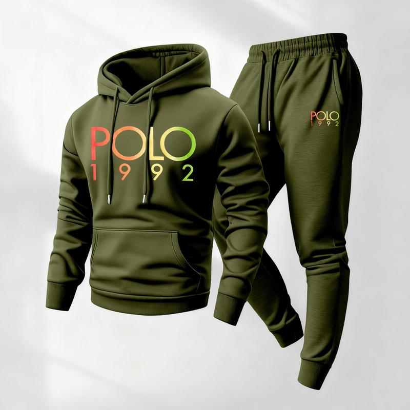 KZZ Men's Polo Pattern Print Hoodie and Drawstring Sweatpants Set