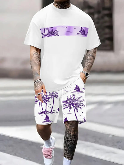 KZZ Men's Tropical Palm Tree Print Short-Sleeve Shirt and Shorts Set