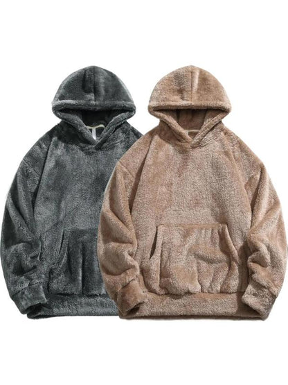 KZZ Men's Solid Pocket Long Sleeve Fuzzy Hoodie