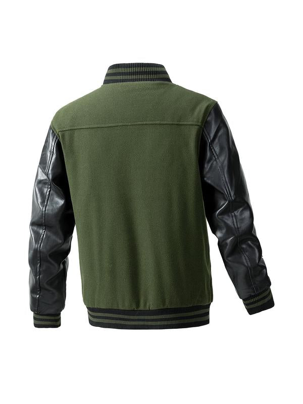 KZZ Men's Letter Patched Pocket Button Front Varsity Jacket