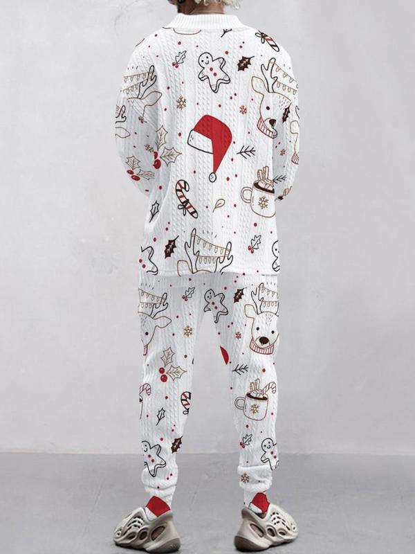 KZZ Two-piece Set Men's Solid Jacquard Drop Shoulder V Neck Top & Drawstring Waist Pants