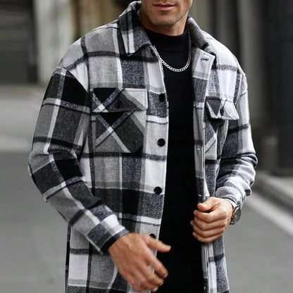 KZZ Men's plaid check long coat, with a buttoned lapel, loose fit