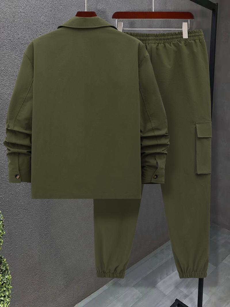 KZZ Men's Solid Color Pocket Button Front Shirt & Pants Two-Piece Set