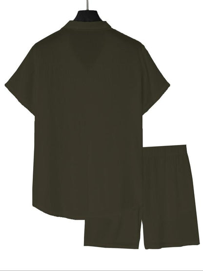 KZZ Men's Solid Color Shirt and Elastic Waist Shorts Set