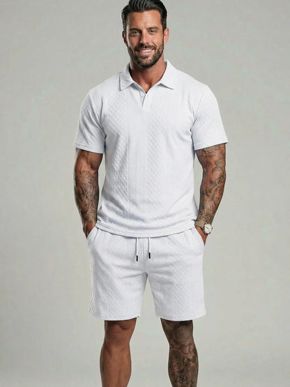 KZZ Men's Solid Polo Shirt & Drawstring Waist Shorts Set