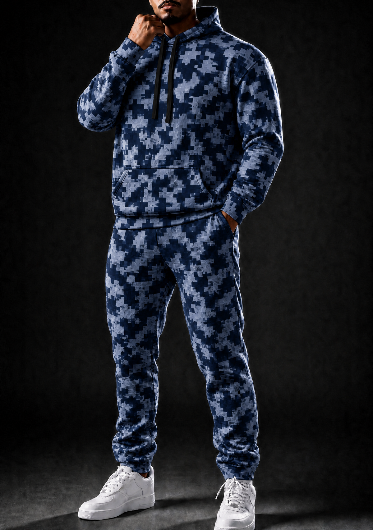 KZZ Men's Pixel Camouflage Hooded Tracksuit Two-Piece Casual Sportswear