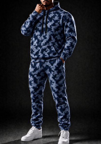 KZZ Men's Pixel Camouflage Hooded Tracksuit Two-Piece Casual Sportswear