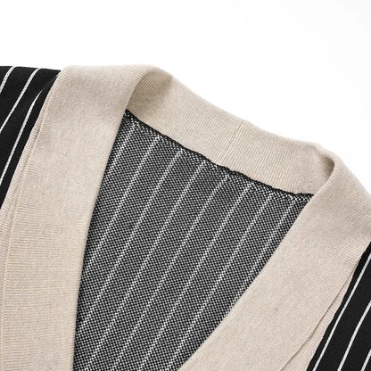 KZZ Men’s Vintage-Style Striped Double-Breasted Knitted Cardigan