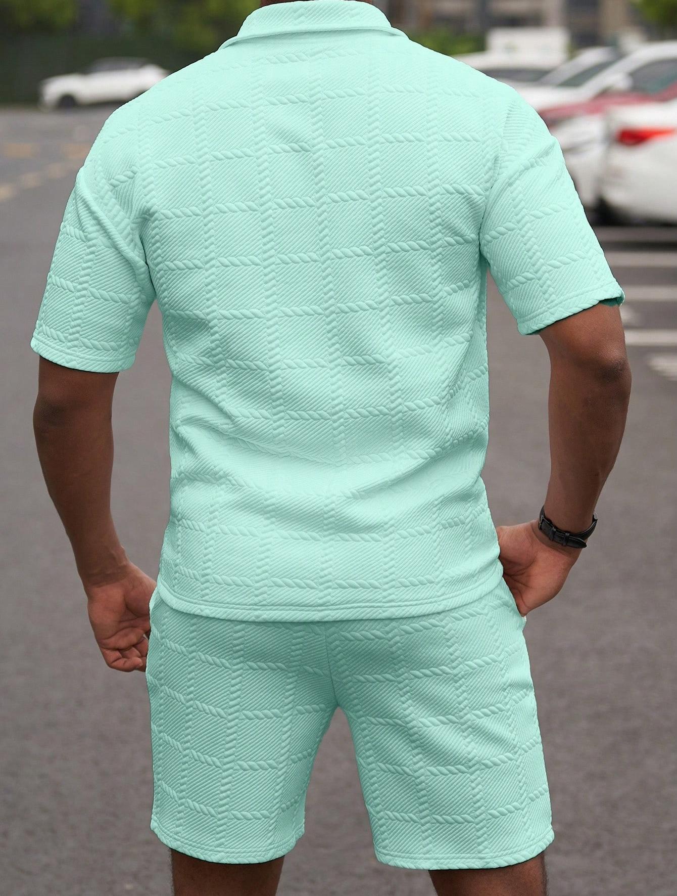 KZZ Men's Summer Solid-Color Stylish Casual Short-Sleeve Set