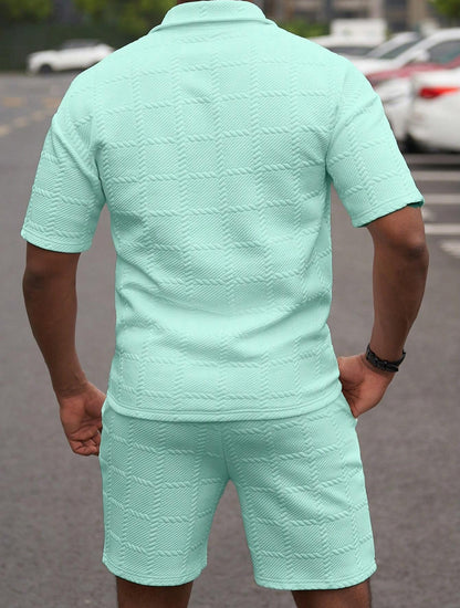 KZZ Men's Summer Solid-Color Stylish Casual Short-Sleeve Set