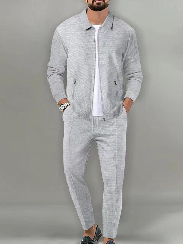 KZZ Sporty Two-piece Set Men's Plain Zip Up Jacket & Drawstring Waist Pants Tracksuit Set