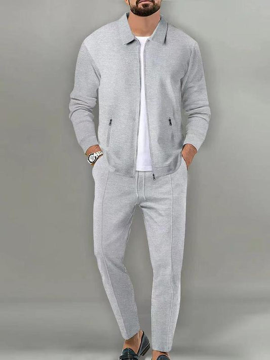 KZZ Sporty Two-piece Set Men's Plain Zip Up Jacket & Drawstring Waist Pants Tracksuit Set
