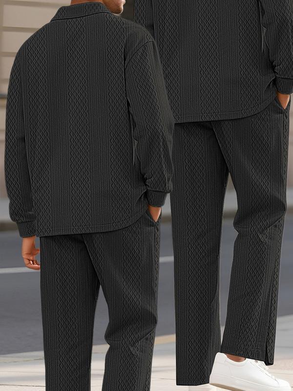 KZZ Men's Textured Long Sleeve Polo Shirt & Drawstring Pants Set