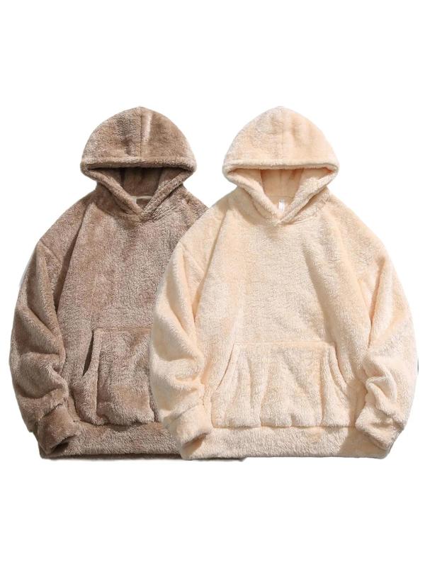 KZZ Men's Solid Pocket Long Sleeve Fuzzy Hoodie