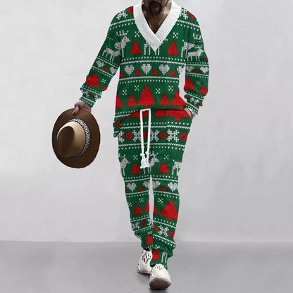 KZZ Two-piece Set Men's Solid Jacquard Drop Shoulder V Neck Top & Drawstring Waist Pants