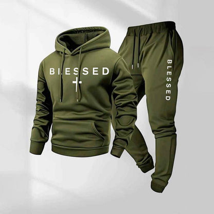 KZZ Men's Blessed Cross Letter Pattern Print Hoodie and Drawstring Sweatpants Set