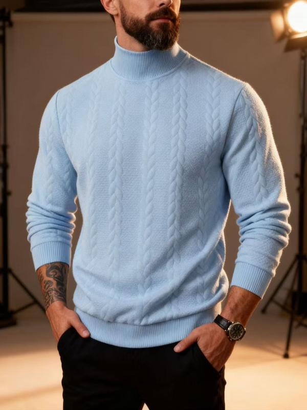 KZZ Men's solid color knitted jacquard turtleneck sweater