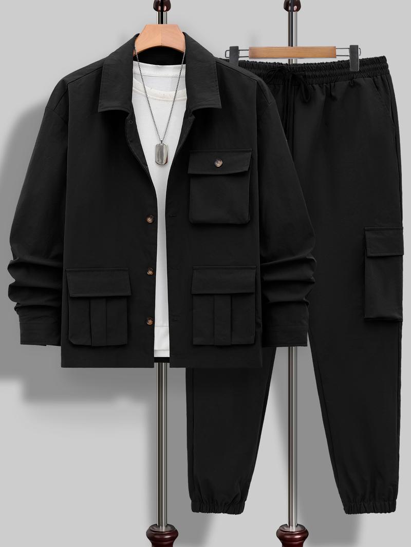 KZZ Men's Solid Color Pocket Button Front Shirt & Pants Two-Piece Set