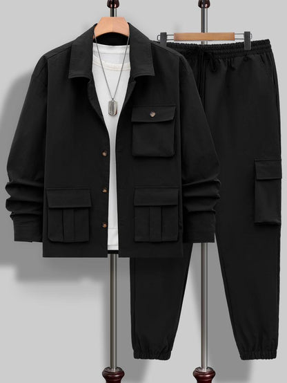 KZZ Men's Solid Color Pocket Button Front Shirt & Pants Two-Piece Set