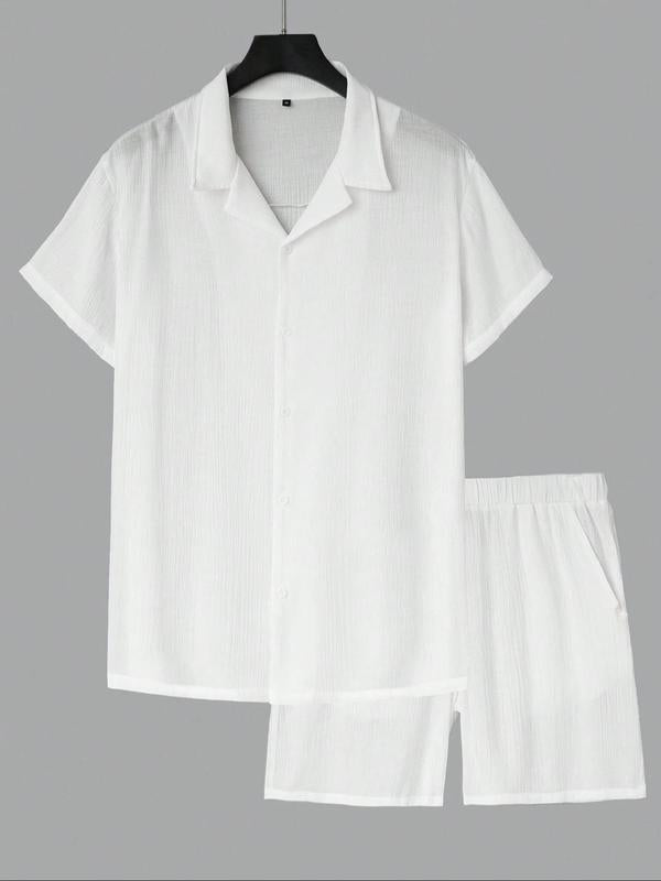 KZZ Men's Solid Color Shirt and Elastic Waist Shorts Set