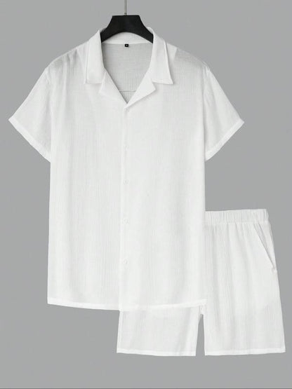 KZZ Men's Solid Color Shirt and Elastic Waist Shorts Set