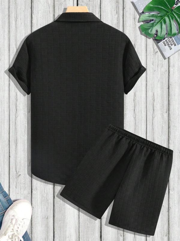 KZZ Men's Pure Color Textured Short Sleeve and Shorts Summer Suit