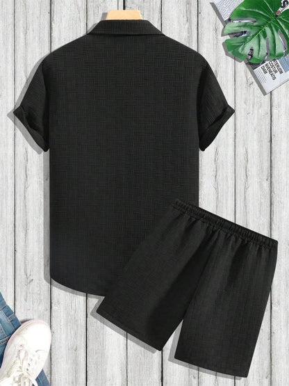 KZZ Men's Pure Color Textured Short Sleeve and Shorts Summer Suit