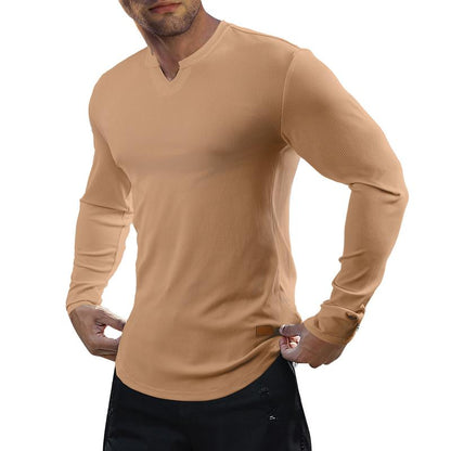 KZZ Men's Solid Casual Shirt Slim Fit T-Shirt, V-Neck Long Ribbed T-Shirt