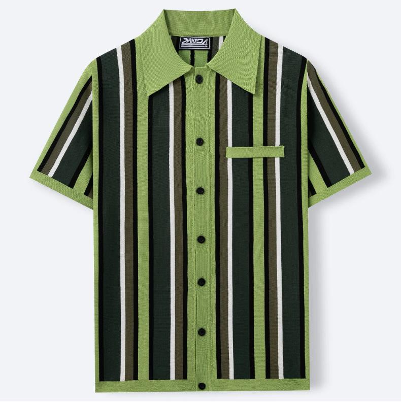 KZZ Men's Summer Casual Knitted Cardigan-Style Polo Shirt — Short Sleeve, Turn-down Collar, Striped