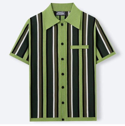 KZZ Men's Summer Casual Knitted Cardigan-Style Polo Shirt — Short Sleeve, Turn-down Collar, Striped