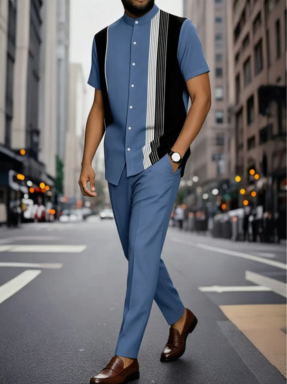 KZZ Men's Classic Striped Artistic Print Suit