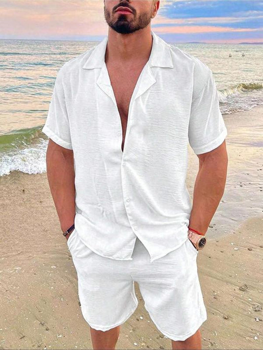 KZZ Men's Solid Color Shirt and Elastic Waist Shorts Set