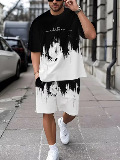 KZZ Men's Geometric Print Short-Sleeve T-Shirt and Athletic Shorts