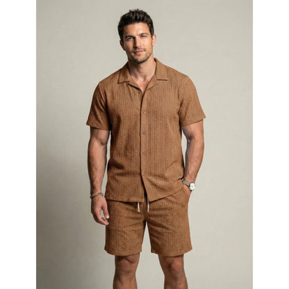 KZZ Men's openwork shorts, short-sleeved top and drawstring shorts