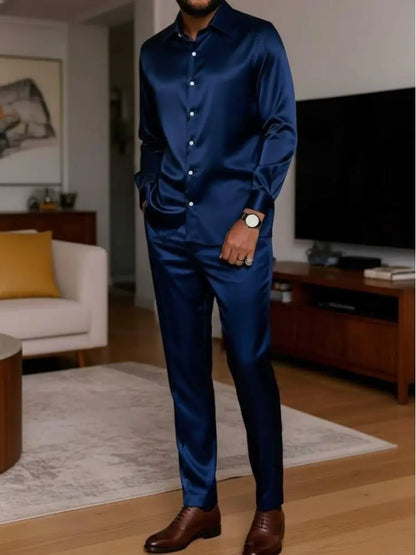 KZZ Men's Milk Silk Stand Collar Long Sleeve Button-Up Shirt Set