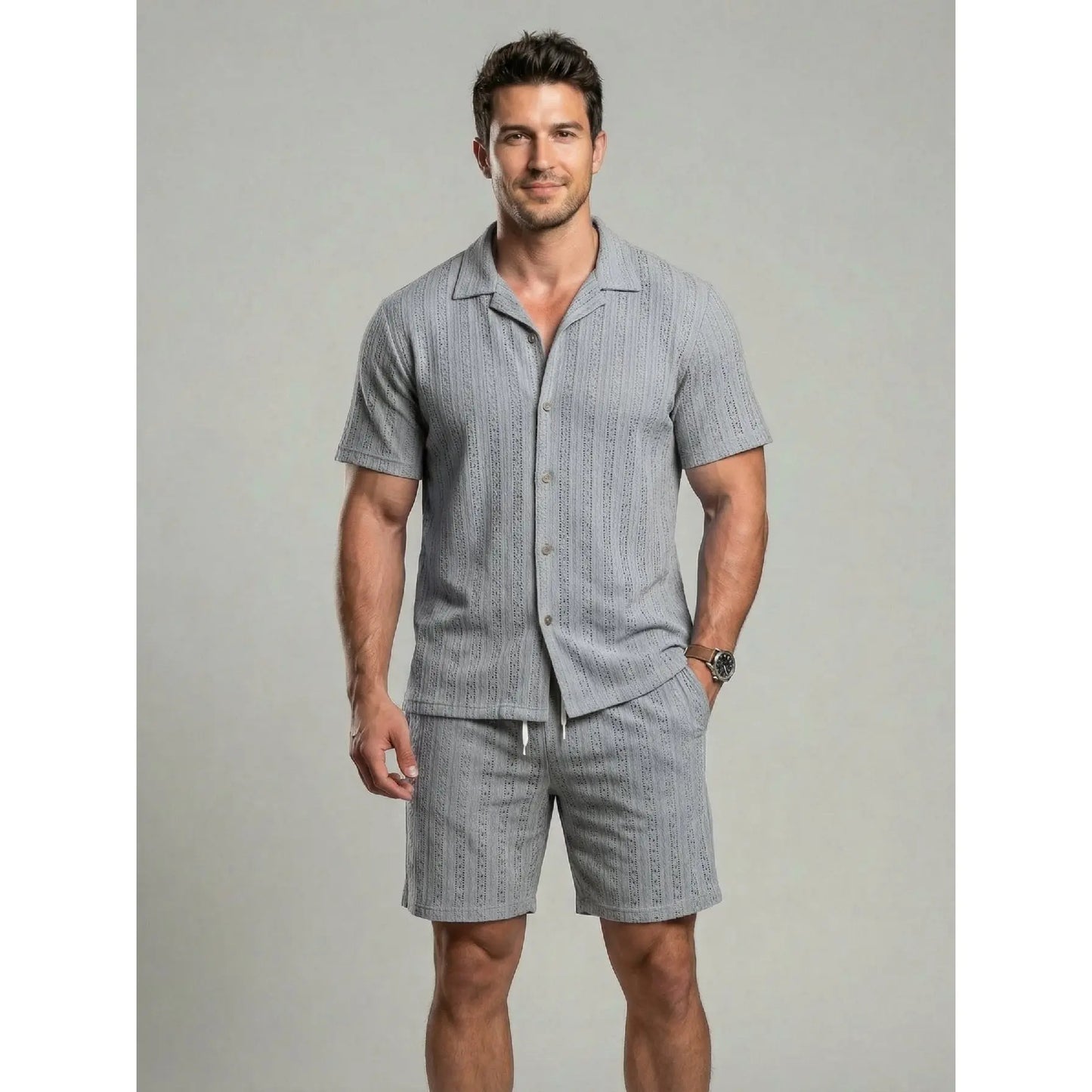KZZ Men's openwork shorts, short-sleeved top and drawstring shorts
