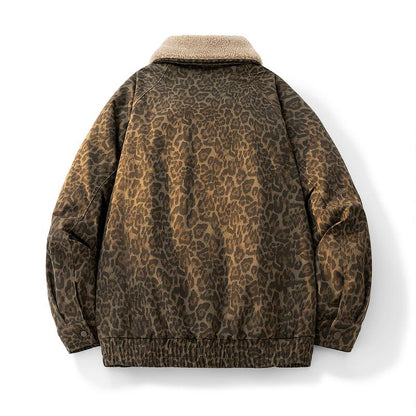 KZZ Vintage Leopard Print Lapel Fleece Lined Warm Jacket