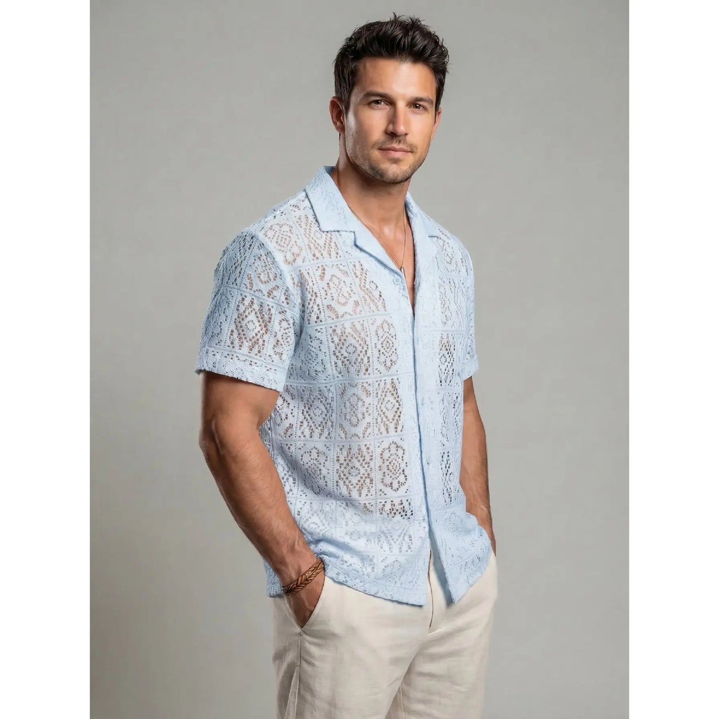 KZZ Men's slim-fit short-sleeved tie-front shirt