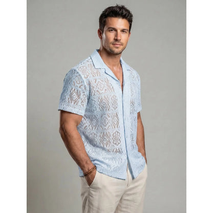 KZZ Men's slim-fit short-sleeved tie-front shirt