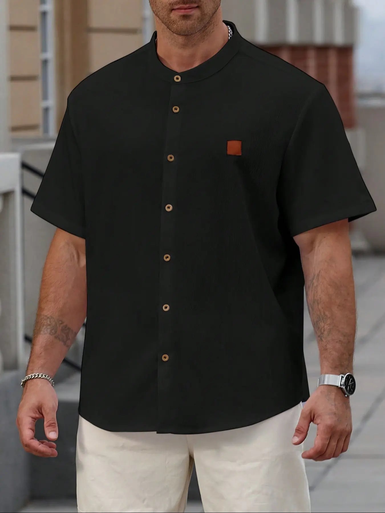 KZZ Plus Size Solid Color Short-Sleeve Button-Up Shirt