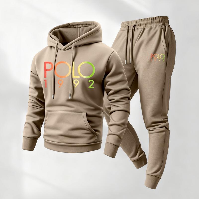 KZZ Men's Polo Pattern Print Hoodie and Drawstring Sweatpants Set