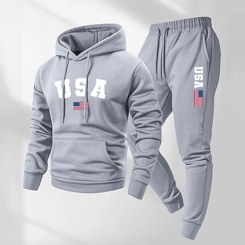 KZZ Men's USA Letter Printed Hoodie and Drawstring Sweatpants Set