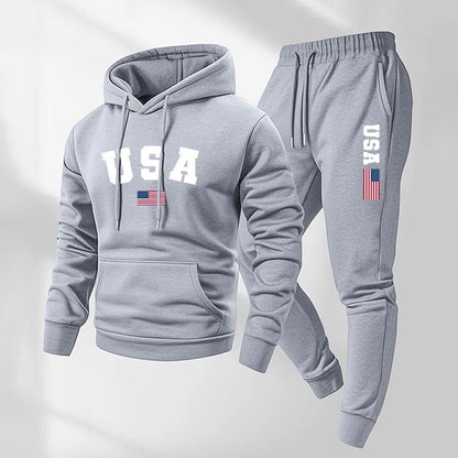 KZZ Men's USA Letter Printed Hoodie and Drawstring Sweatpants Set