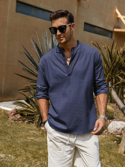 KZZ Men's Cotton Linen  Shirt Long Sleeve Hippie Casual Beach T Shirts Menswear