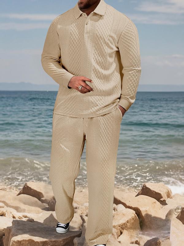 KZZ Men's Textured Long Sleeve Polo Shirt & Drawstring Pants Set