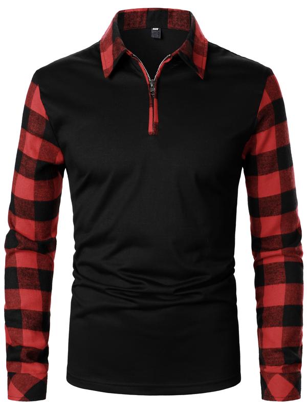 KZZ Men's Patchwork Plaid Print Half Zip Up Polo Shirt